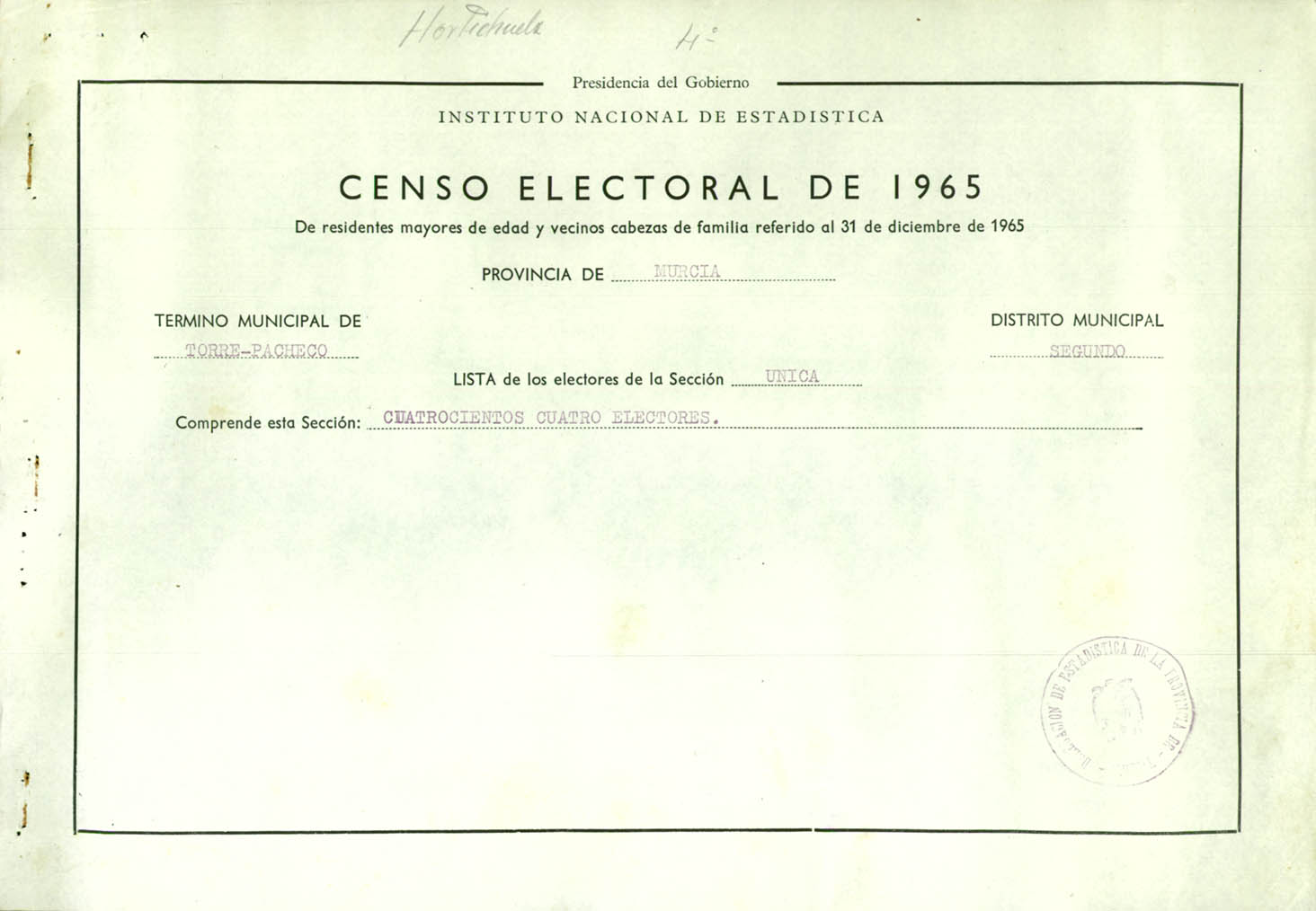 Censo electoral provincial de 1965: listas definitivas de Torre-Pacheco, Distrito 3º, sección 1ª.